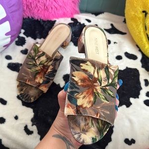 Suede Floral Print Nine West Slip On Sandals